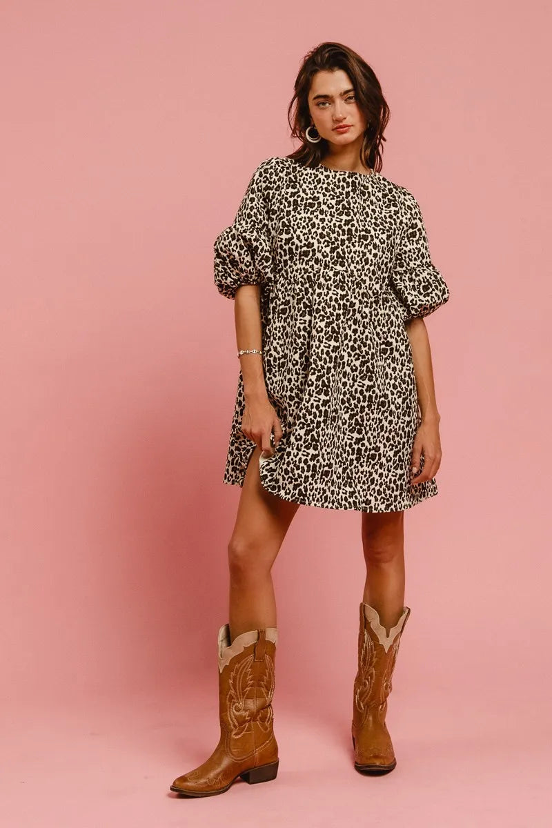 Image of BiBi Leopard Denim Dress With Back Contrast Tie Detail | Queeble.shop