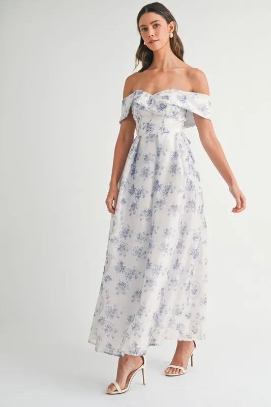 Image of MABLE Floral Printed Off Shoulder Maxi Dress | Queeble.shop