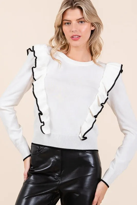 Image of Mittoshop Contrast Trim Ruffled Round Neck Knit Top | Queeble.shop