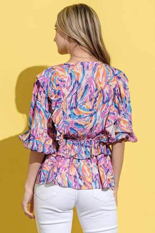 Image of And The Why Printed Lantern Sleeve Blouse | Queeble.shop