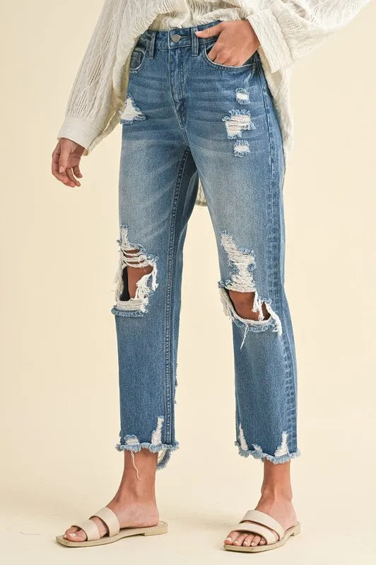 Image of Annie Wear Distressed Raw Hem Cropped Jeans | Queeble.shop