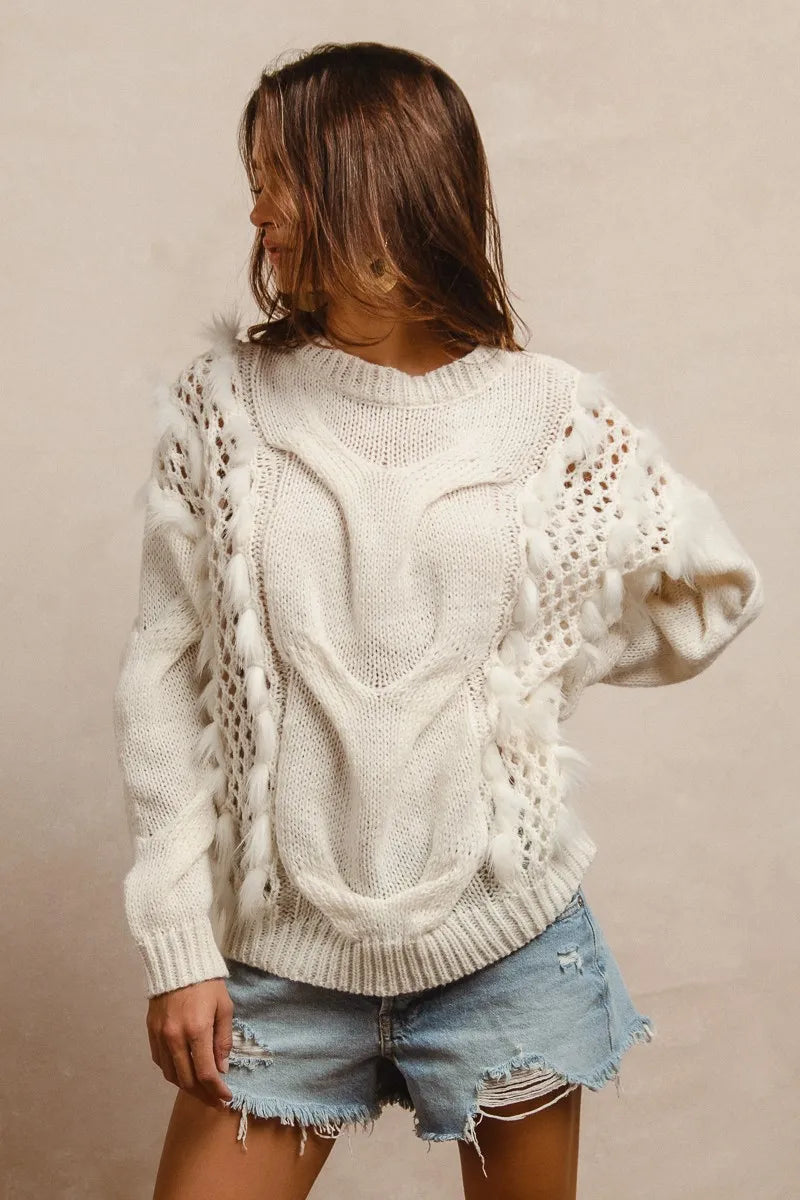 Image of BiBi Faux Fur Detailed Pointelle Cable Knit Sweater | Queeble.shop