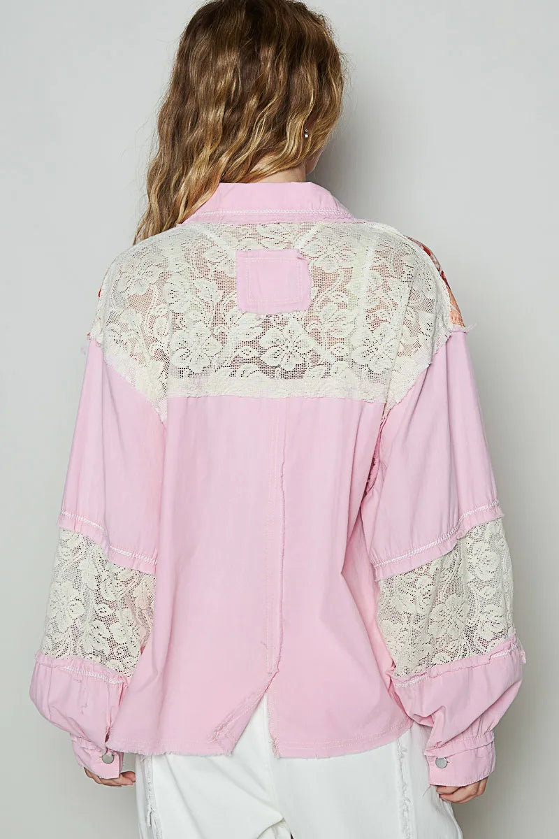 Image of POL Printed Woven Mix Raw Hem Jacket with Lace Detail | Queeble.shop