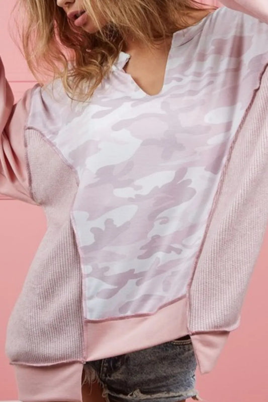 Image of BiBi Camo Printed French Terry Knit Color Block Top | Queeble.shop