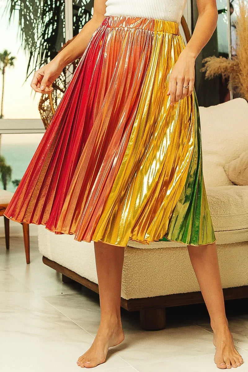 Image of BiBi Metallic Color Block Pleats Midi Skirt | Queeble.shop