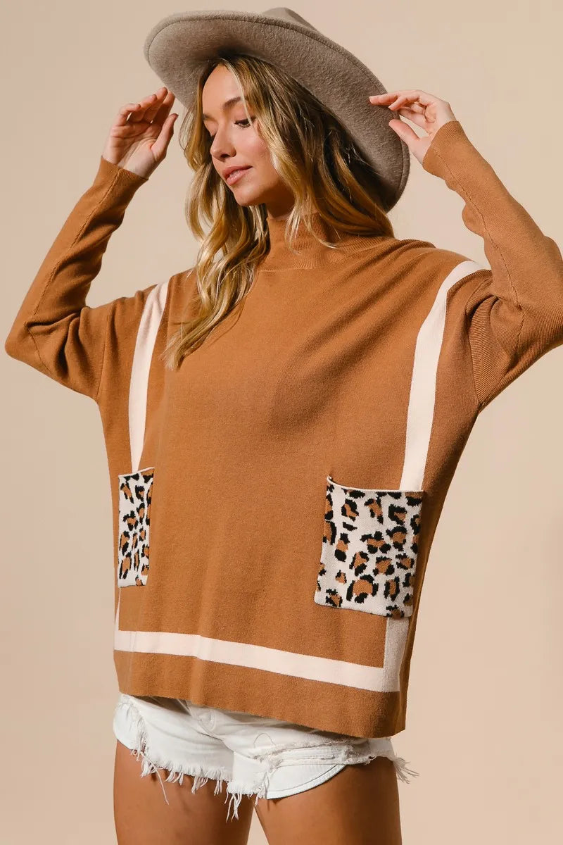 Image of BiBi Mock Neck Sweater with Leopard Pocket | Queeble.shop