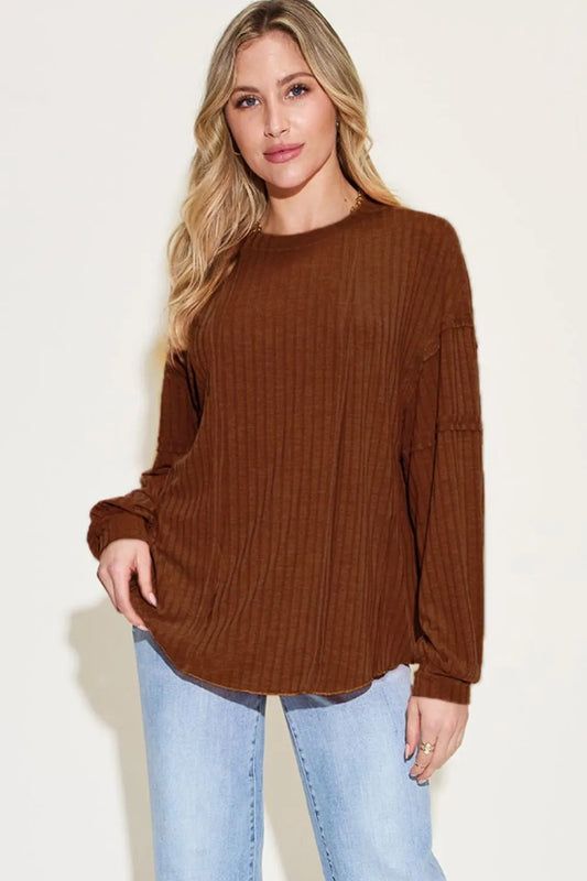 Image of Basic Bae Full Size Ribbed Round Neck Long Sleeve T-Shirt | Queeble.shop