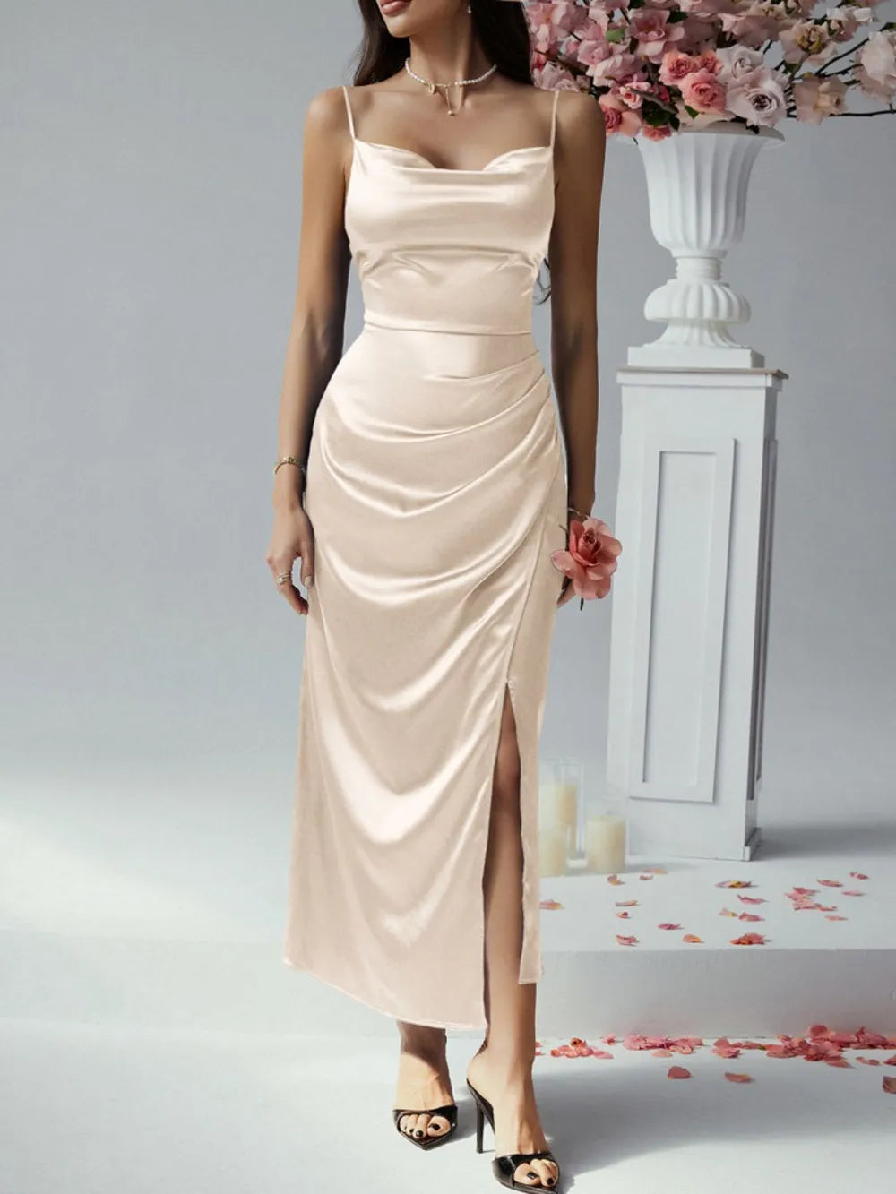Image of Devine Slit Ruched Maxi Cami Dress | Queeble.shop