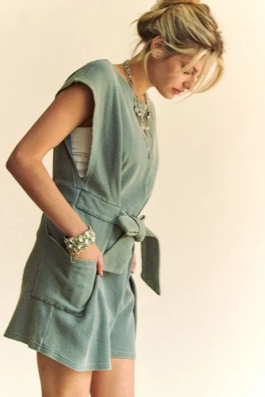Image of Davi & Dani Acid-Washed Waffle Knit Cuffed Sleeves Romper | Queeble.shop