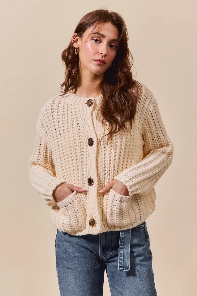 Image of SO ME Metal Button Long Sleeve Chunky Sweater Cardigan | Queeble.shop