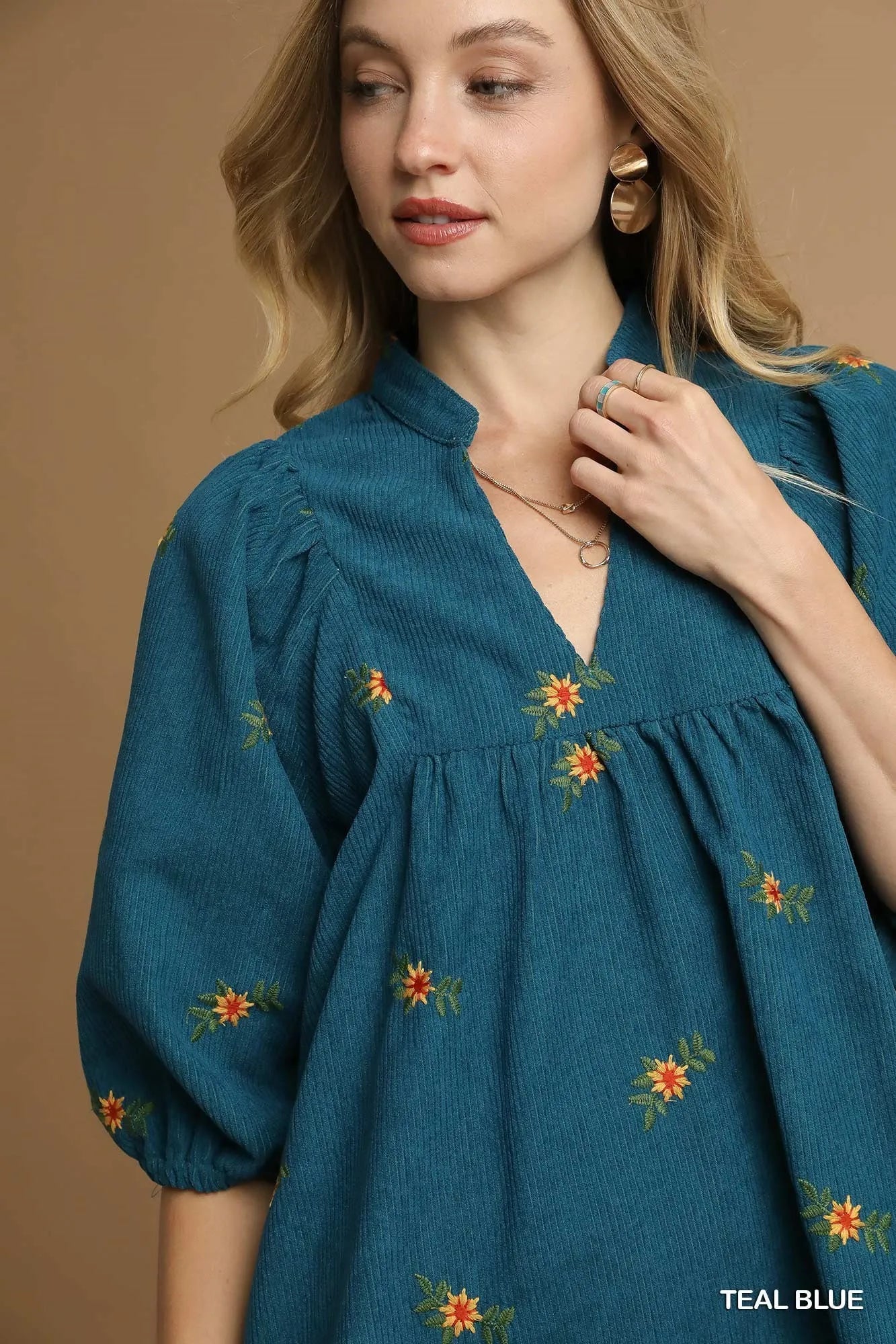 Image of Umgee Corduroy Babydoll Dress with Floral Embroidery | Queeble.shop