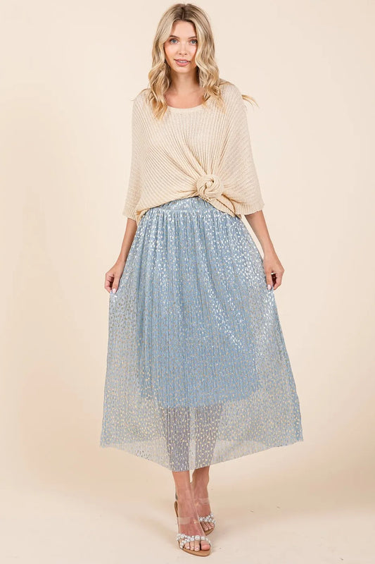 Image of Mittoshop Metallic Glitter Speckle Print Elastic Midi Skirt | Queeble.shop
