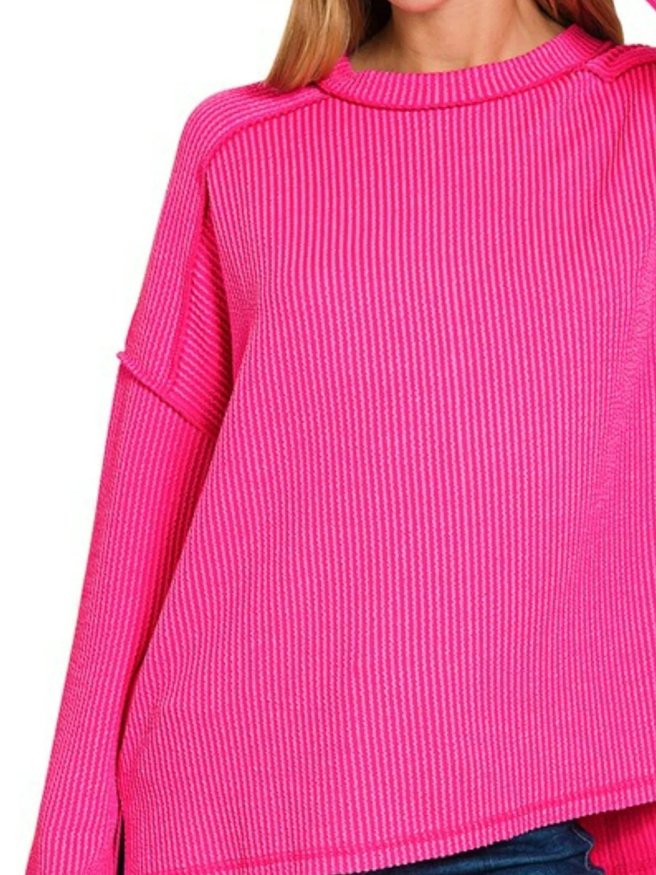 Image of Zenana Exposed Seam Long Sleeve Corded Rib Knit Top | Queeble.shop