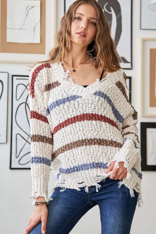 Image of ADORA Frayed Edge Stripe Sweater | Queeble.shop