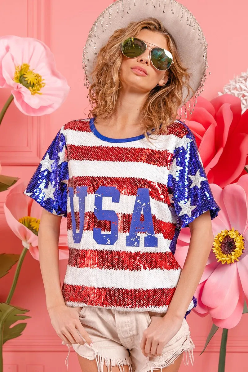 Image of BiBi American Flag Theme USA Lettering Sequin Top | Queeble.shop