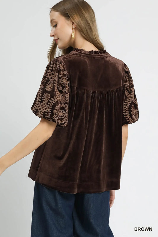 Image of Umgee Full Size Velvet Embroidered Sleeve Blouse Plus Size | Queeble.shop