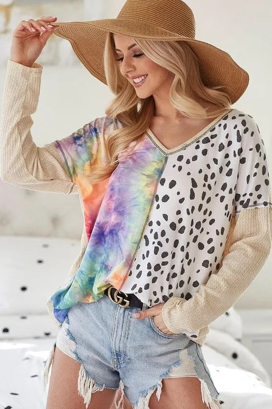 Image of BiBi Print Block V Neck Top with Contrast Stitching | Queeble.shop