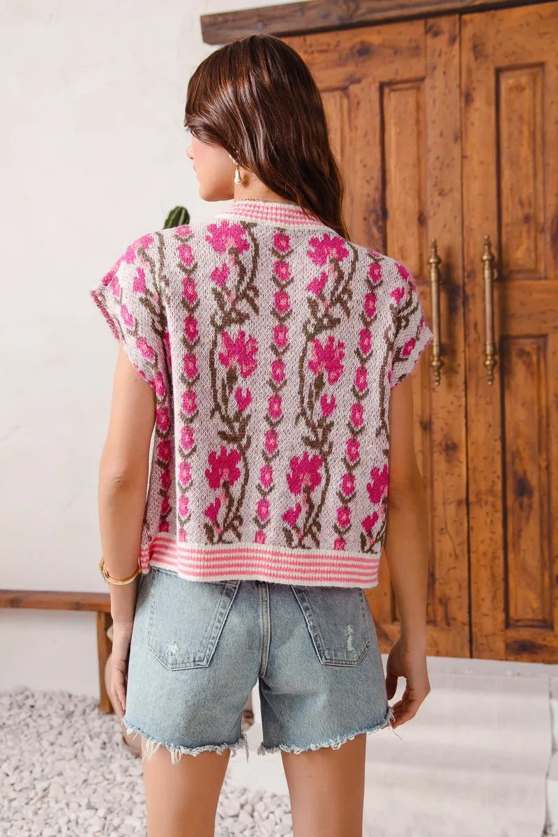 Image of SO ME Button Front Floral and Stripe Knitted Sweater Vest | Queeble.shop