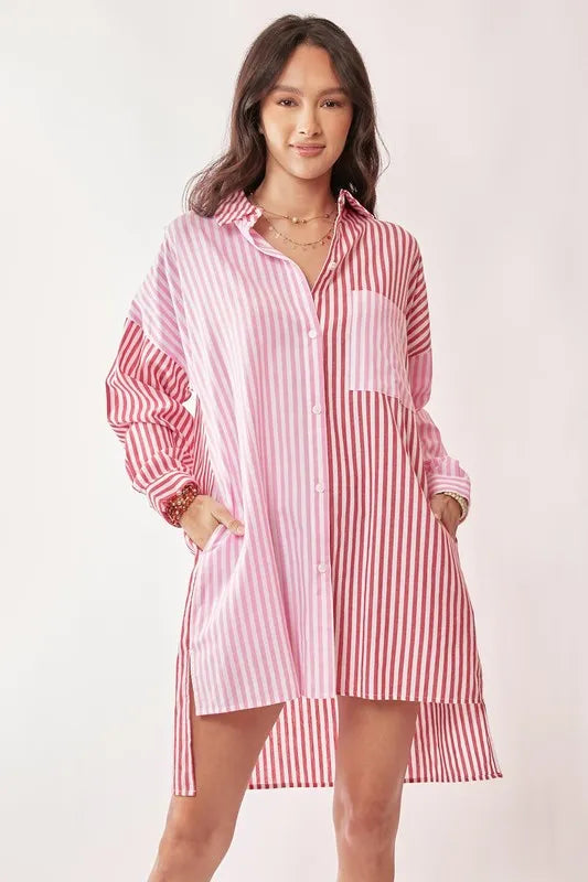 Image of Davi & Dani Multi Color Stripe Mixed Button Front Tunic Shirt Dress | Queeble.shop