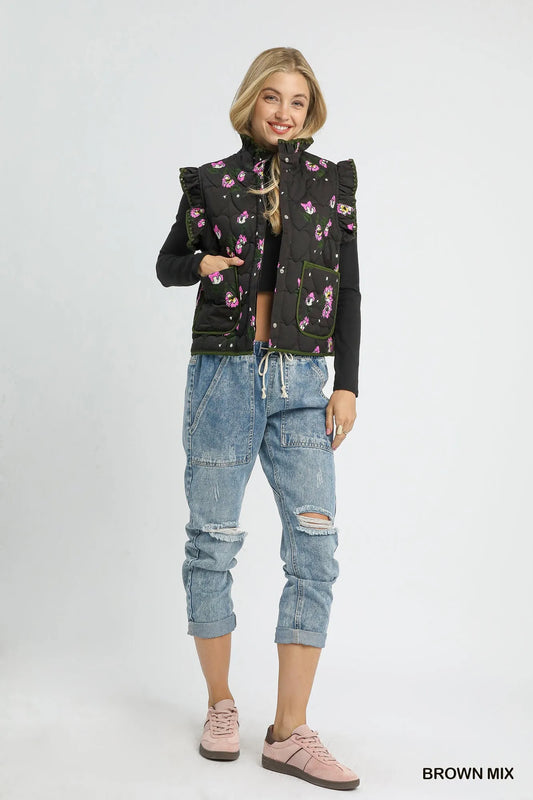 Image of Umgee Ruffled Quilted Floral Snap Down Vest | Queeble.shop