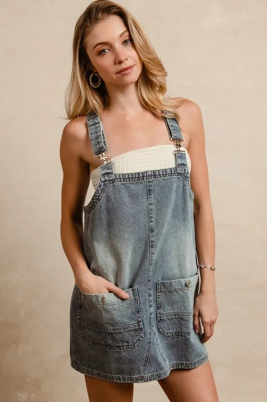Image of BiBi Washed Adjustable Strap Denim Overall Dress | Queeble.shop