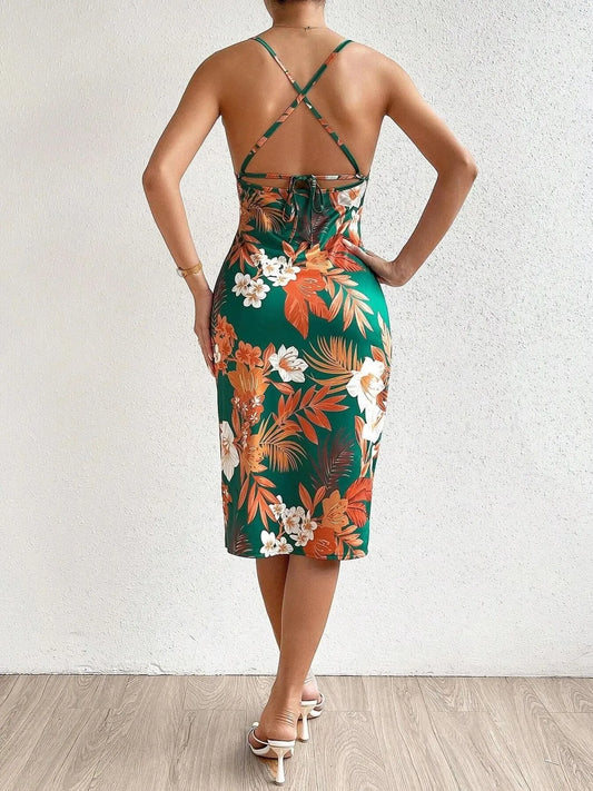 Image of Crisscross Back Floral Print Bodycon Dress | Queeble.shop