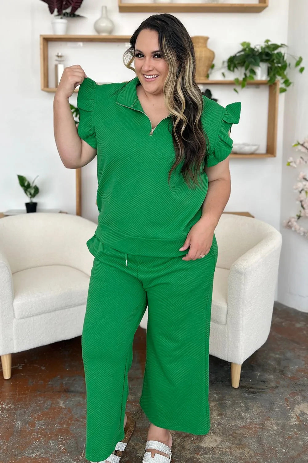 Image of Double Take Texture Ruffle Short Sleeve Top and Drawstring Wide Leg Pants Set | Queeble.shop