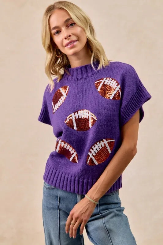 Image of BiBi Gameday Sequin Football Patches Rib Banded Sweater | Queeble.shop
