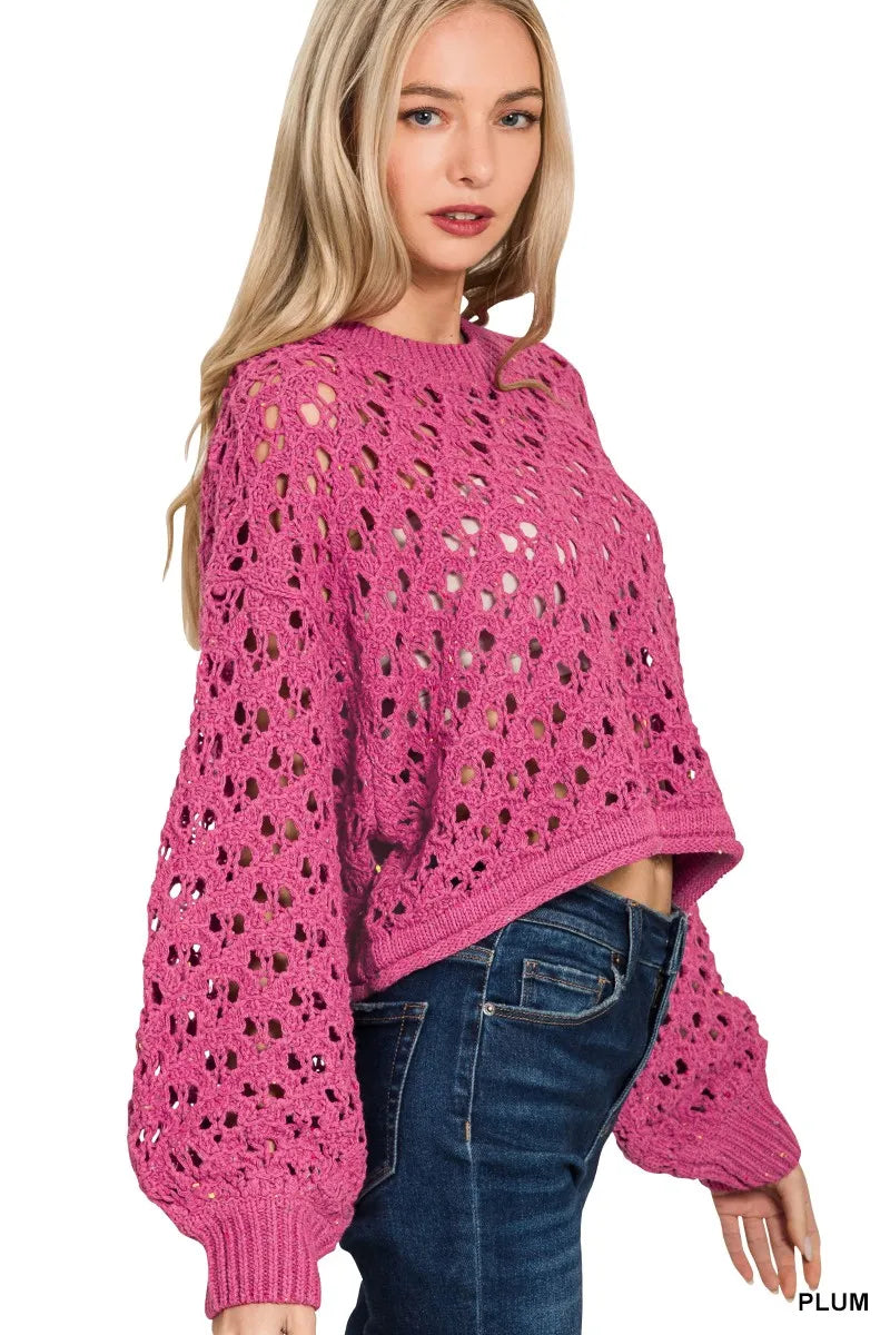 Image of Zenana Oversized Cropped Crochet Knit Sweater | Queeble.shop