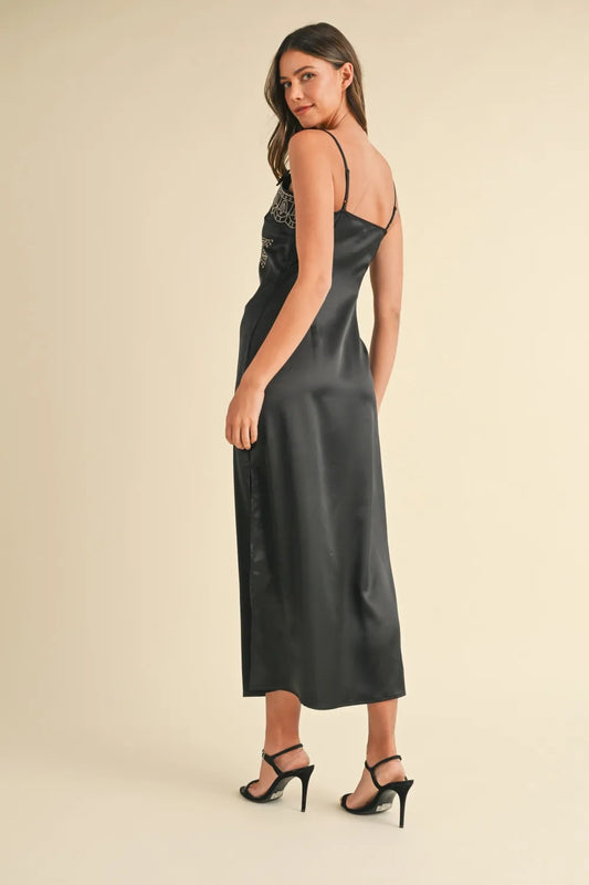 Image of Mable Embroidered Cami Satin Midi Slit Dress | Queeble.shop