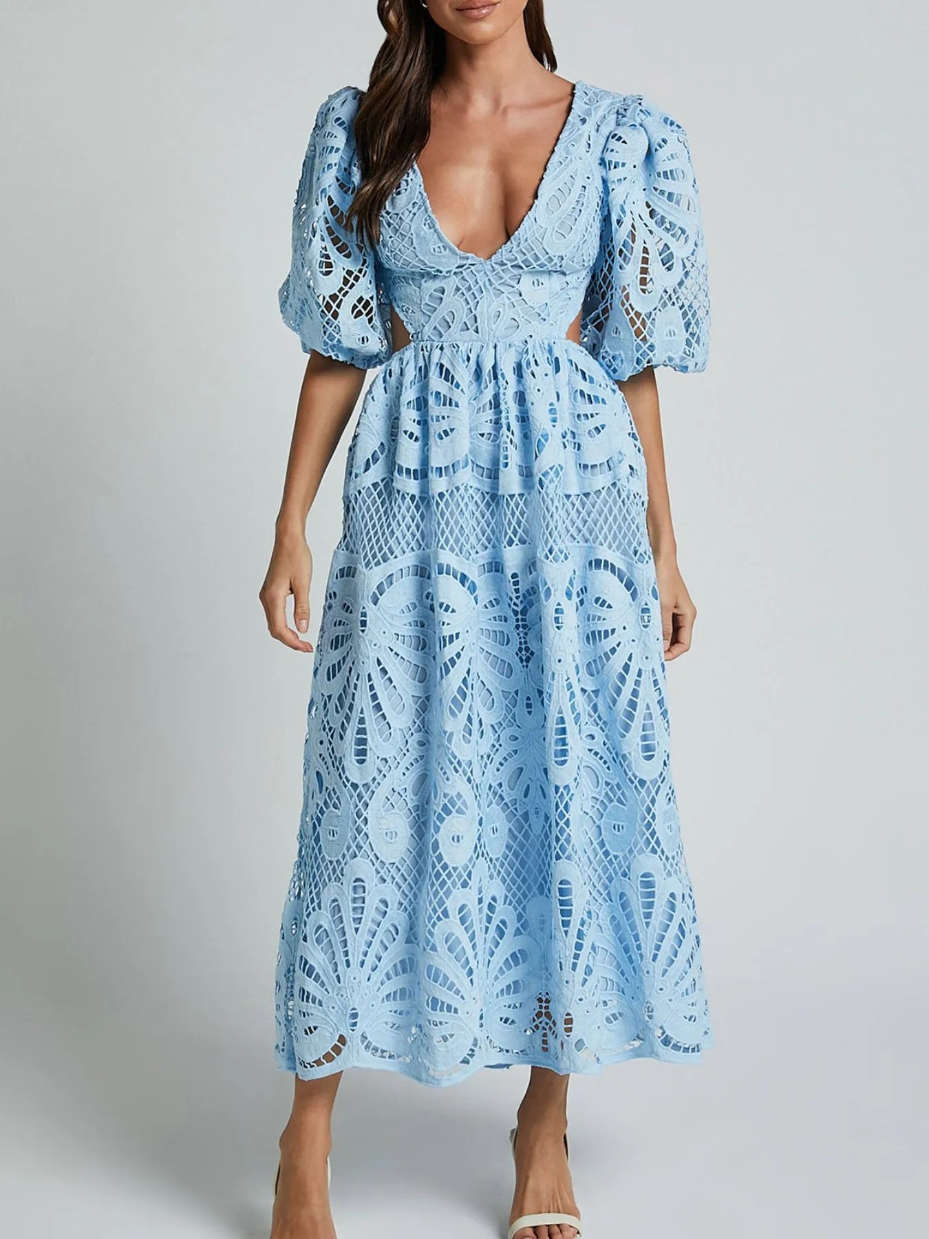 Image of Cutout Back Lace Crochet V-Neck Dress | Queeble.shop
