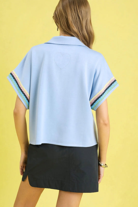 Image of Umgee Contrast Trim Half Zip Collared Blouse | Queeble.shop