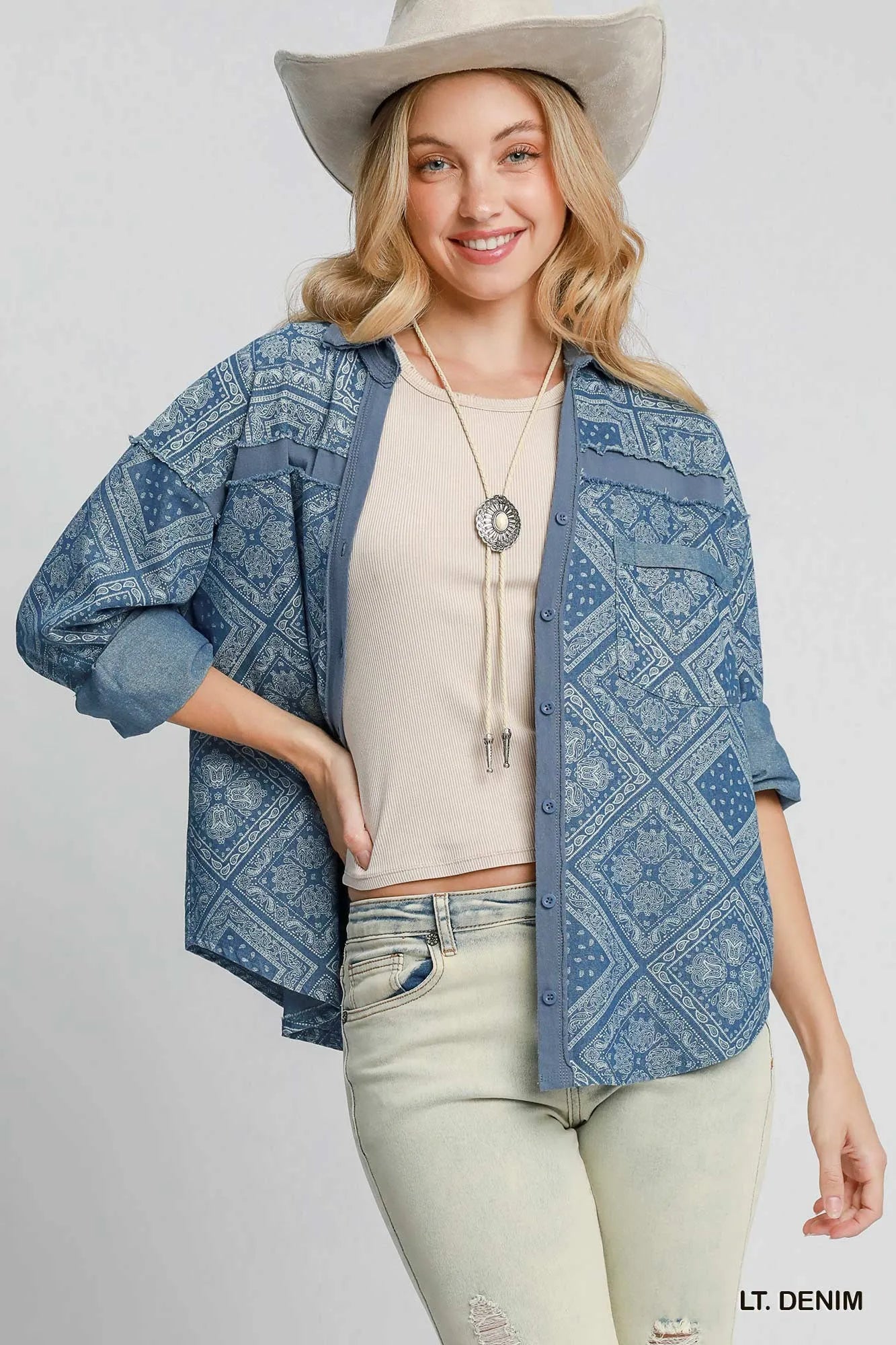 Image of Umgee Paisley Print Denim Shirt Jacket | Queeble.shop