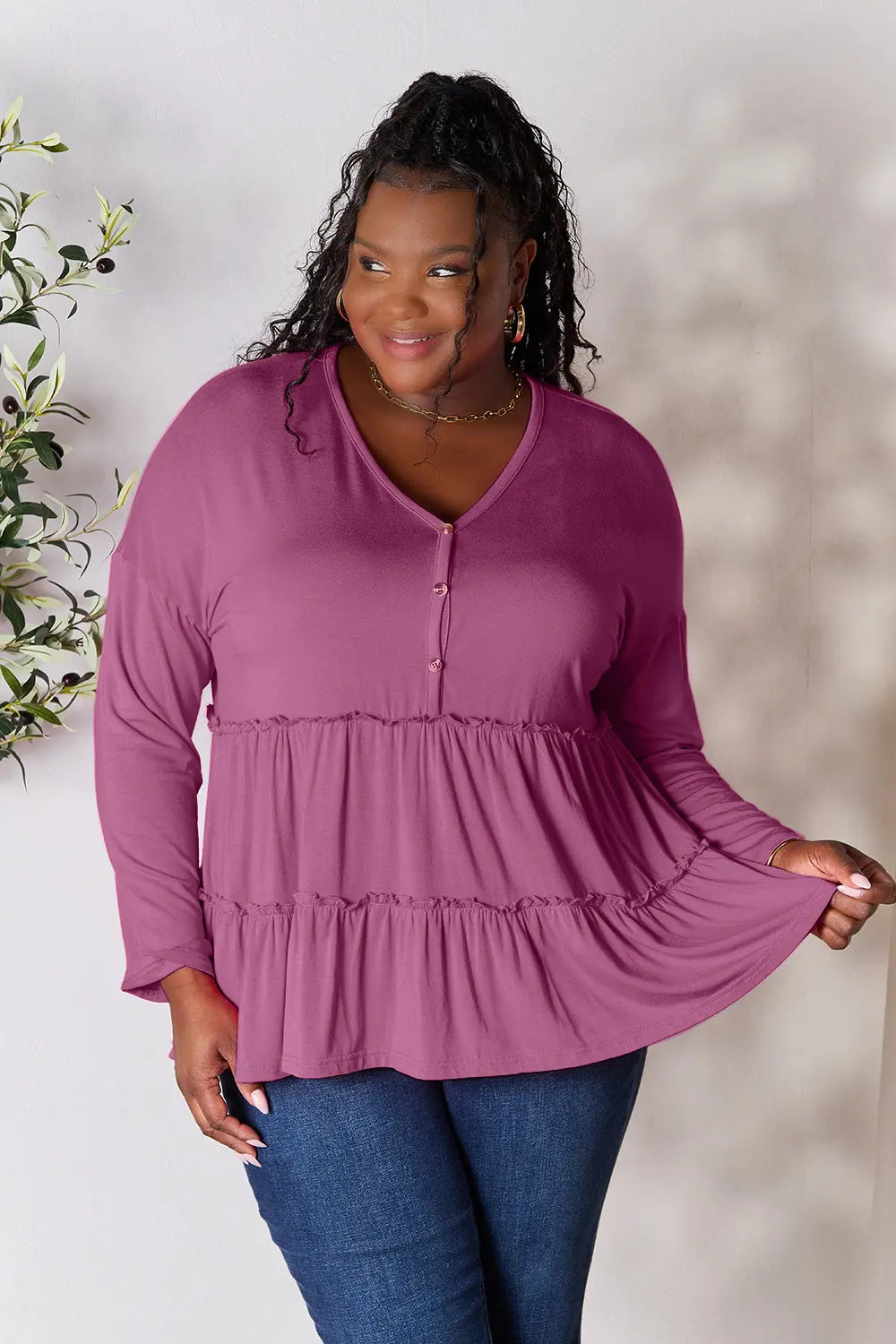 Image of Double Take Half Button Long Sleeve Ruffle Hem Blouse | Queeble.shop