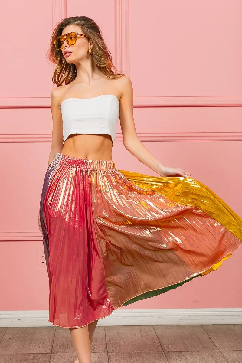 Image of BiBi Metallic Color Block Pleats Midi Skirt | Queeble.shop