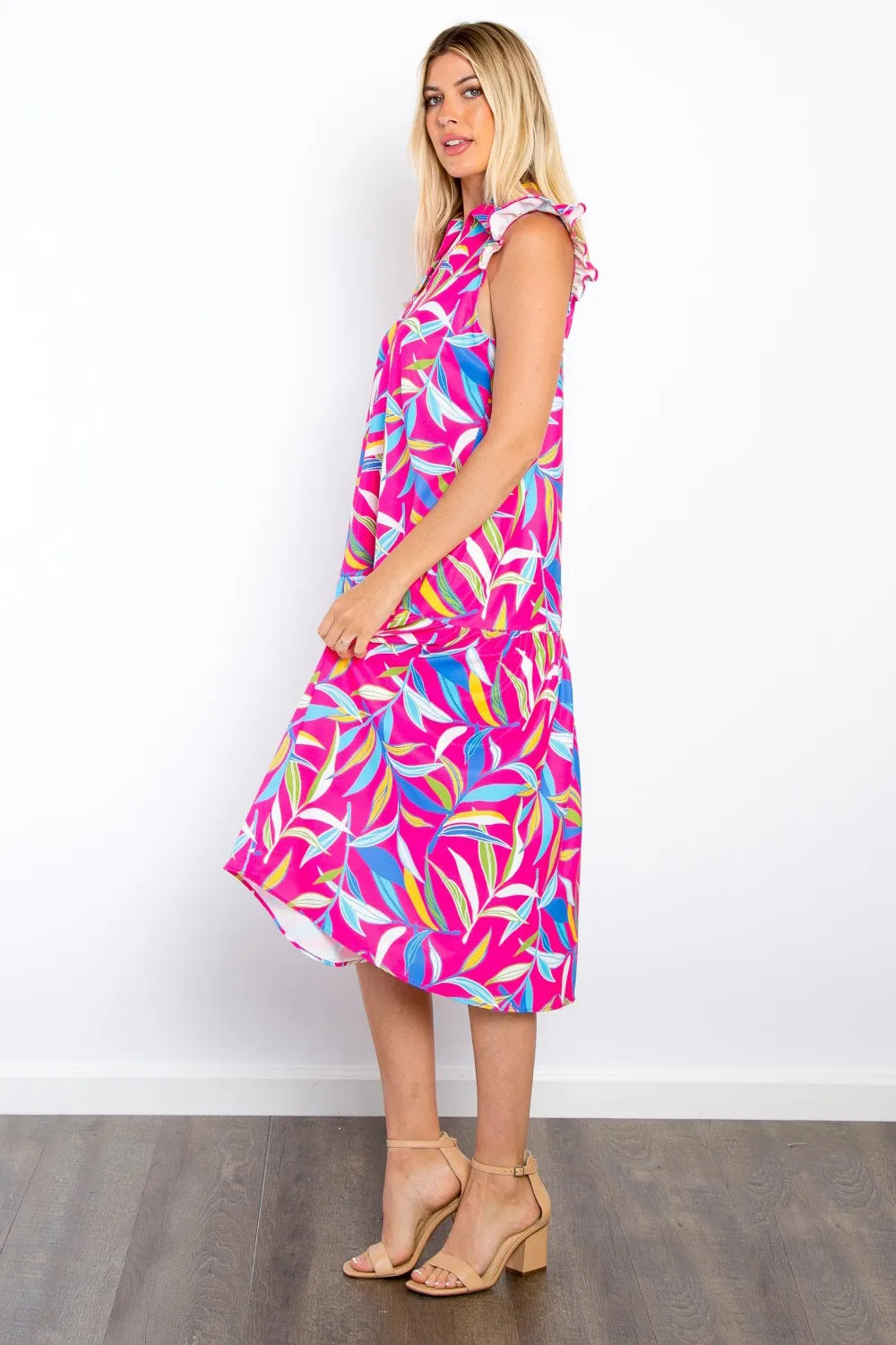 Image of Be Stage Print Ruffled Midi Dress with Pockets | Queeble.shop