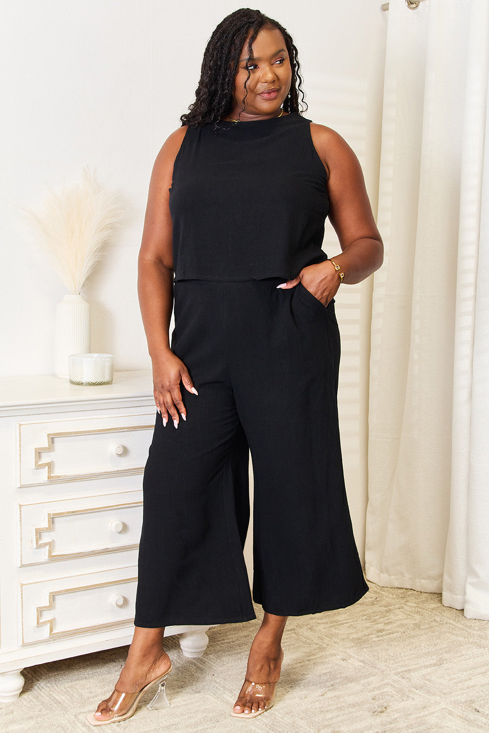 Image of Devine Buttoned Round Neck Tank and Wide Leg Pants Set | Queeble.shop