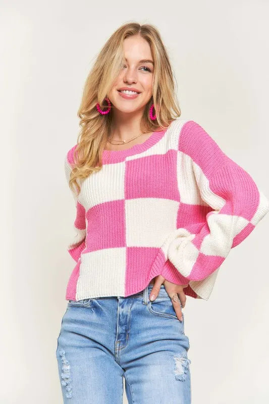 Image of ADORA Plus Size Comfy Checkered Colorblock Sweater Top | Queeble.shop