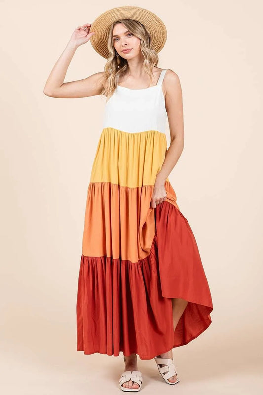 Image of Mittoshop Color Block Tiered Pull-On Maxi Dress | Queeble.shop