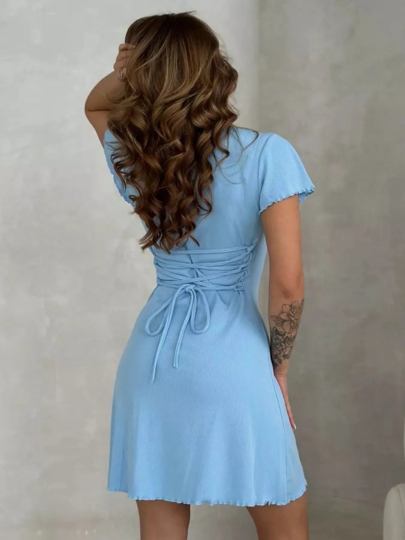 Image of Ribbed Back Lace Up Short Sleeve Mini Dress | Queeble.shop