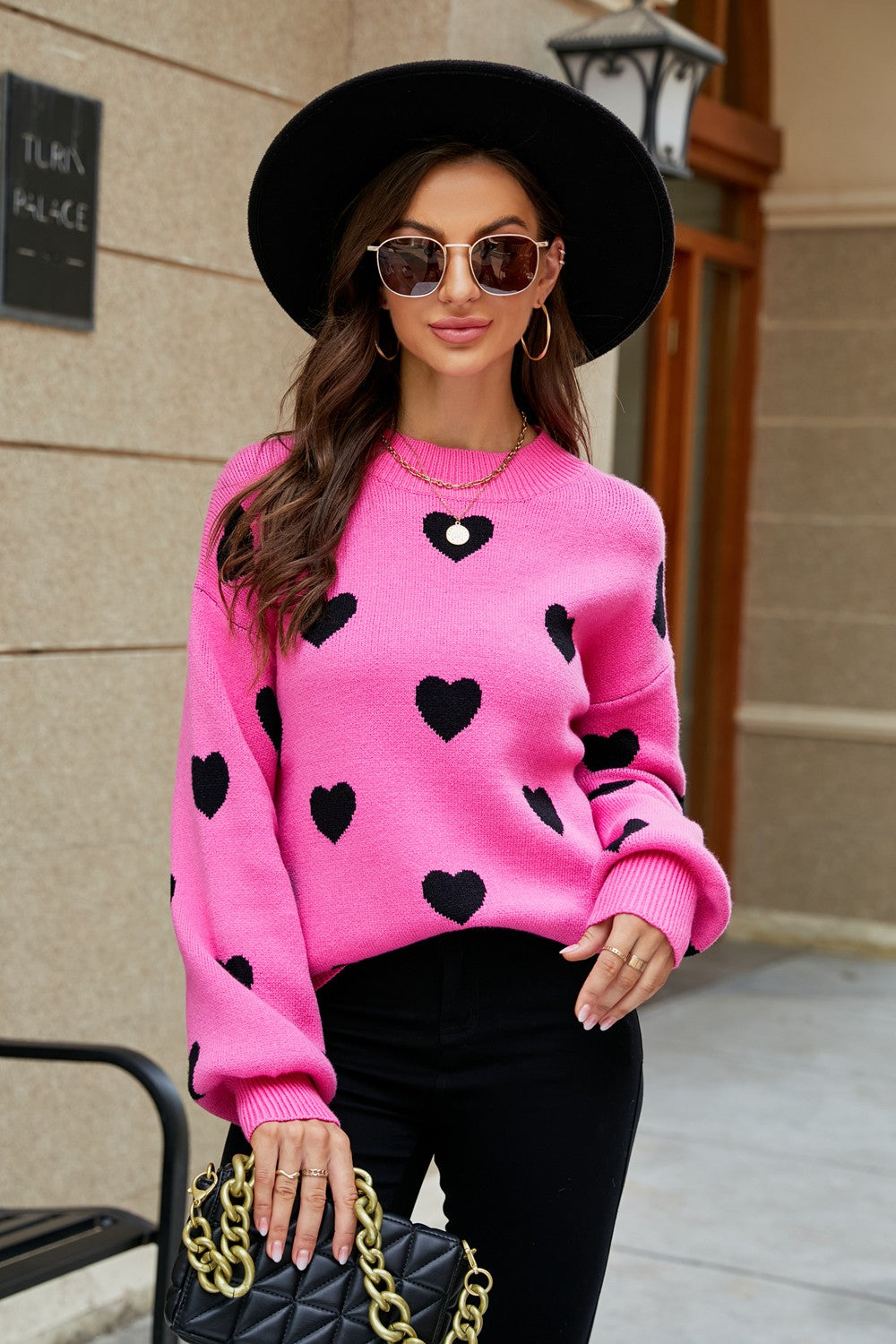 Image of Woven Right Heart Pattern Lantern Sleeve Round Neck Tunic Sweater | Queeble.shop