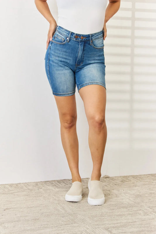 Image of Judy Blue Full Size Tummy Control Double Button Bermuda Denim Shorts | Queeble.shop