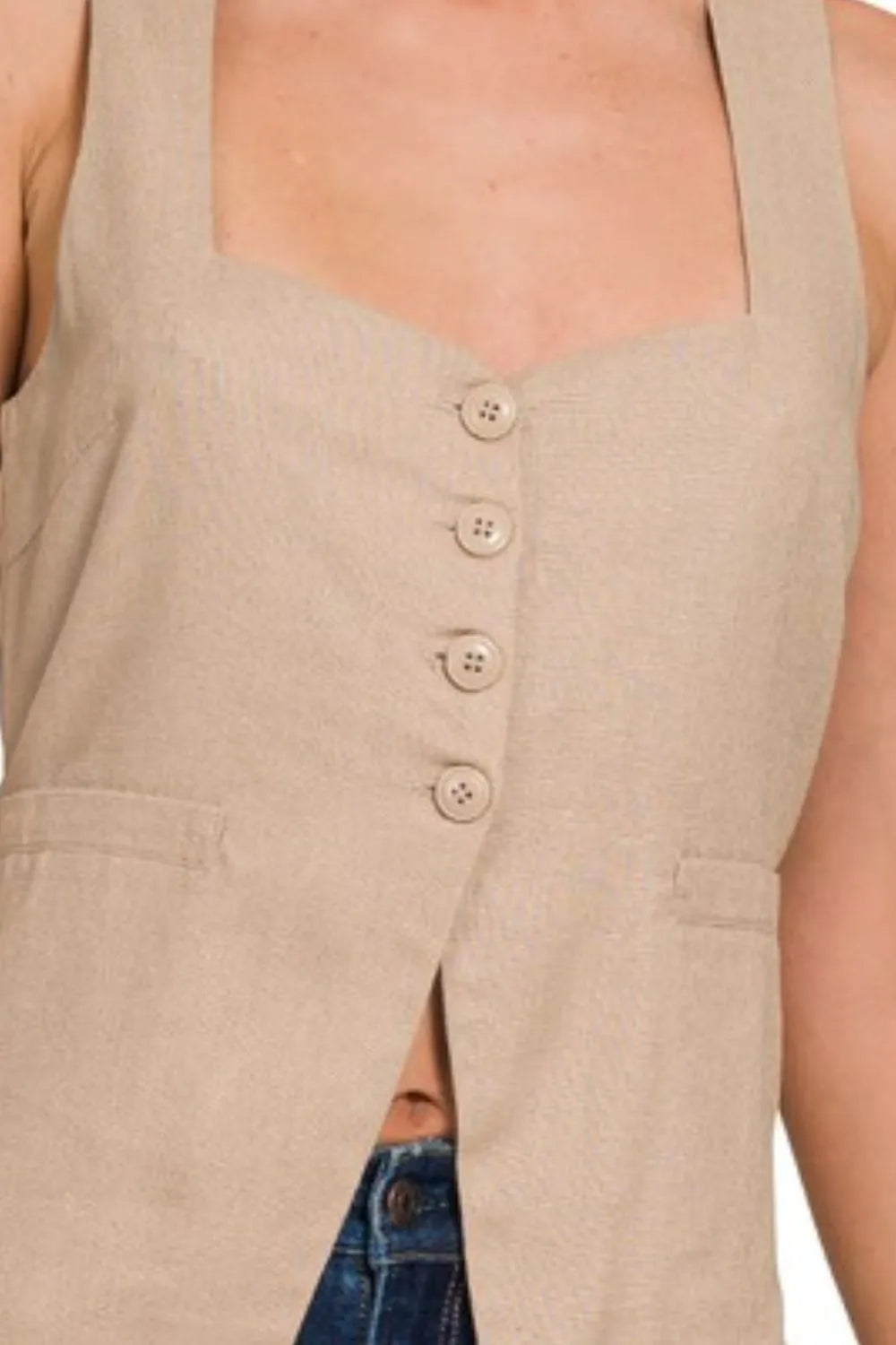 Image of Zenana Linen Tie-back 4-button Vest with Lining | Queeble.shop