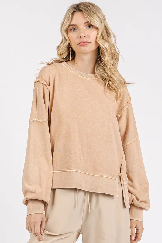 Image of Mittoshop Side Slit Exposed Seam Round Neck Sweatshirt | Queeble.shop