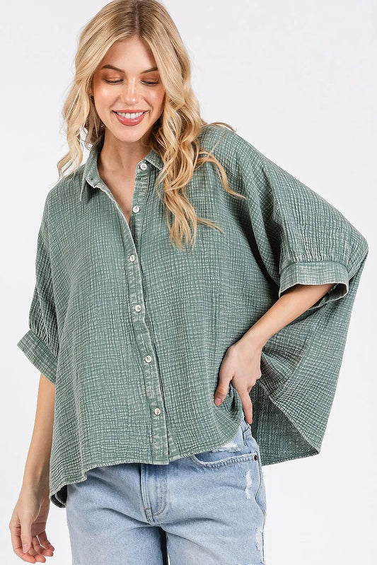Image of Mittoshop Mineral Wash Gauze Dolman Sleeve Button Down Shirt | Queeble.shop