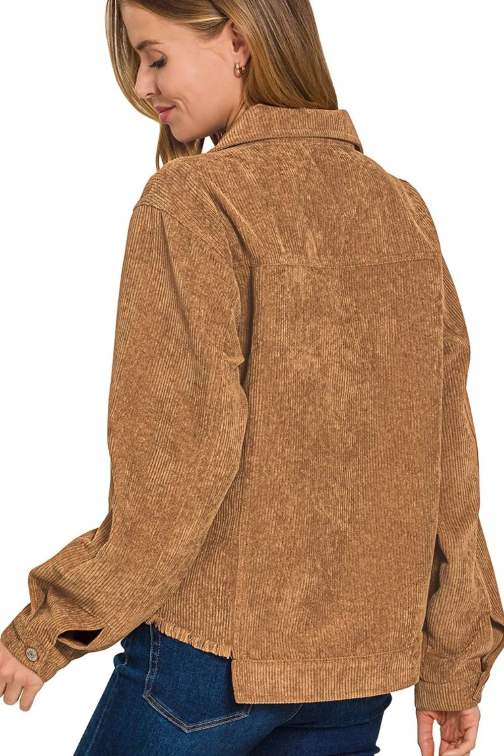 Image of Zenana Distressed Corduroy Frayed Hem Cropped Jacket | Queeble.shop