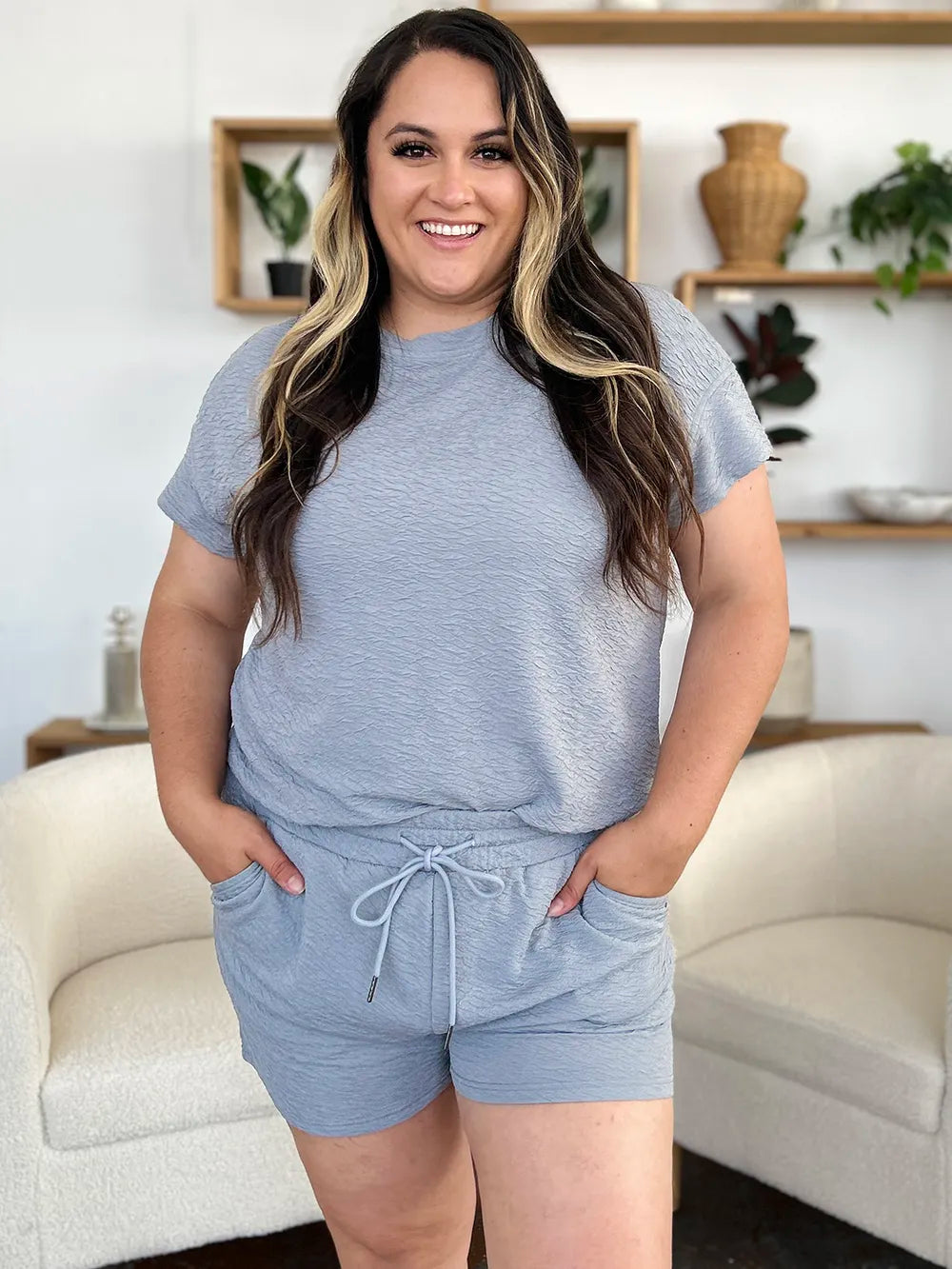 Image of Double Take Full Size Texture Short Sleeve T-Shirt and Drawstring Shorts Set | Queeble.shop