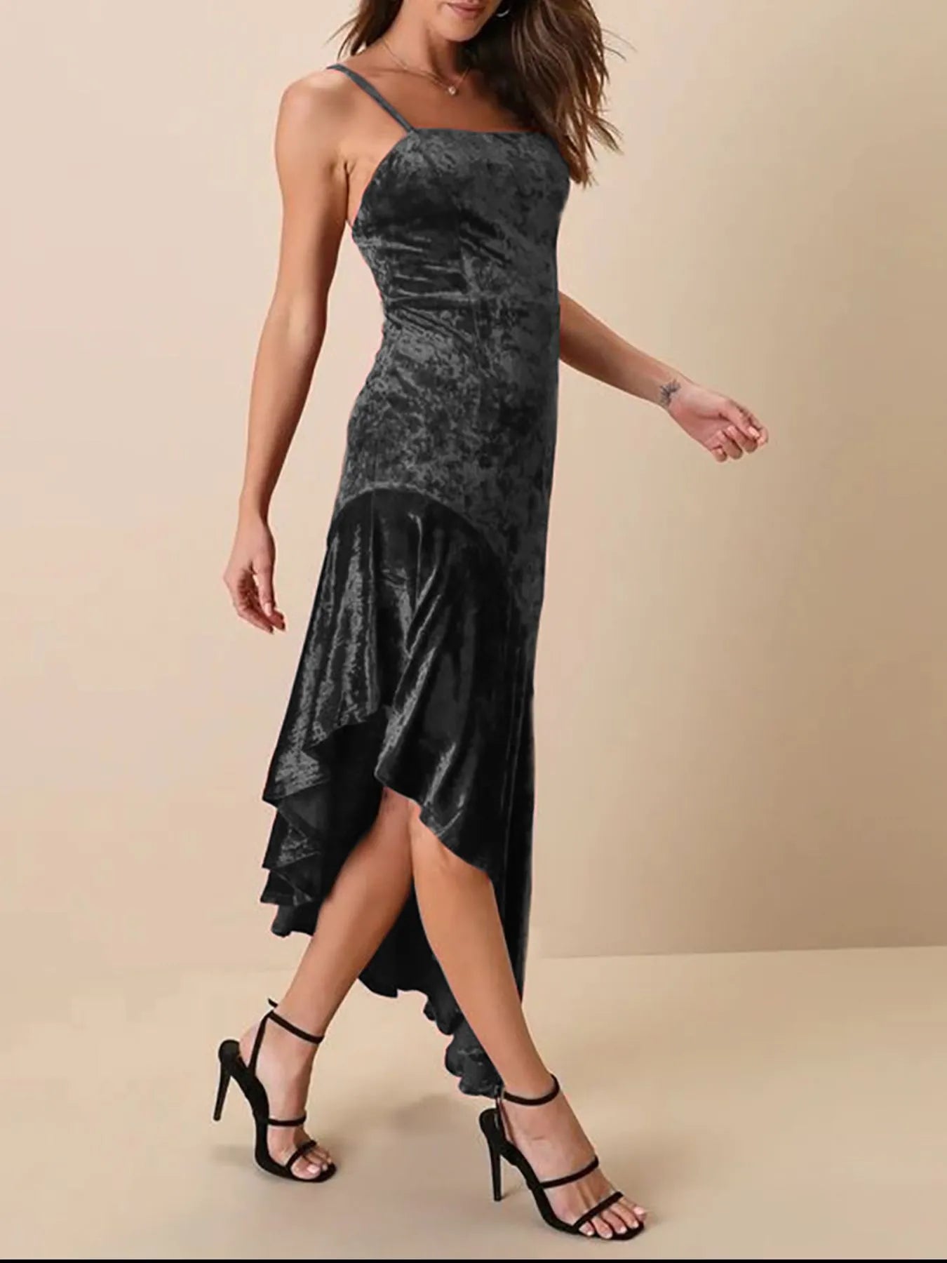 Image of Asymmetrical Velvet Cami Dress with Ruffle Hem | Queeble.shop
