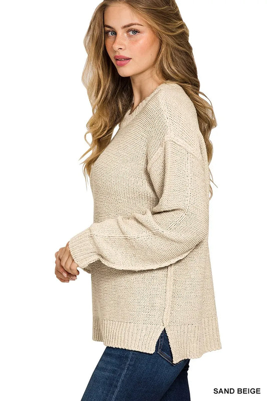 Image of Zenana Exposed Seam Round Neck Sweater | Queeble.shop