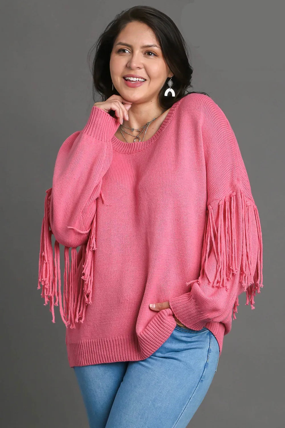 Image of Umgee Full Size Fringe Round Neck Long Sleeve Sweater Plus Size | Queeble.shop